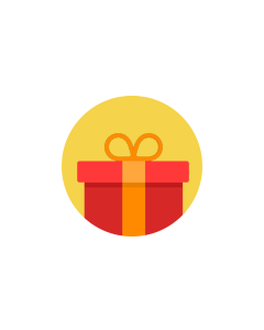 Illustration of a red gift box with an orange ribbon and bow on a yellow circular background symbolizing a digital gift card.
